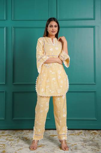 Pakistani style fully embrioidered yellow co-ord set
