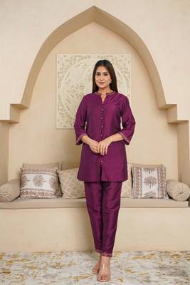 Purple embroidered co-ord set in silk blend 1