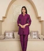 Purple embroidered co-ord set in silk blend