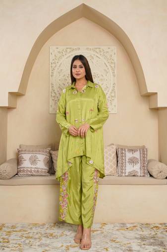 Parrot green embroidered loose fit co-ord set in satin silk