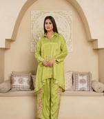 Parrot green embroidered loose fit co-ord set in satin silk