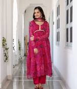 Pink bandhani printed ethnic soft silk kurti set for everyday wear