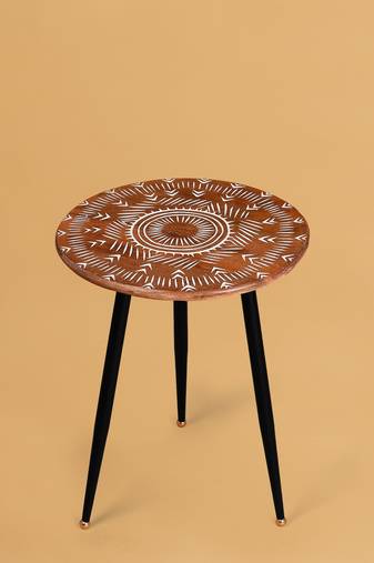 Tribal tapestry carved accent table
