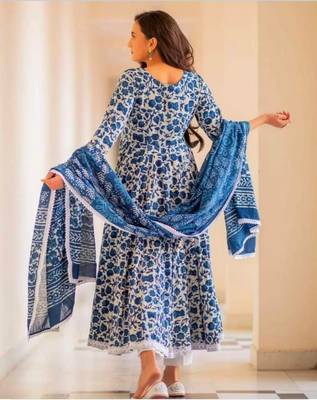 Blue - white comfortable cotton anarkali set with floral print for everyday wear 2
