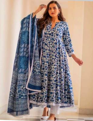 Blue - white comfortable cotton anarkali set with floral print for everyday wear 1