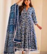 Blue - white comfortable cotton anarkali set with floral print for everyday wear