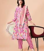 Elegant pink abstract digital print cotton blend kurta set with pocket for casual wear