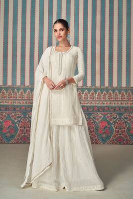 White embroidered chinnon silk straight palazzo- free size stitched(Size upto 42") 1