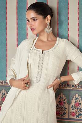 White embroidered chinnon silk straight palazzo- free size stitched(Size upto 42") 2