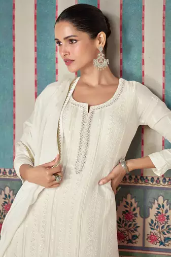 White embroidered chinnon silk straight palazzo- free size stitched(Size upto 42")