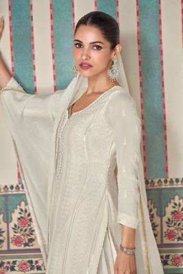 White embroidered chinnon silk straight palazzo- free size stitched(Size upto 42") 3