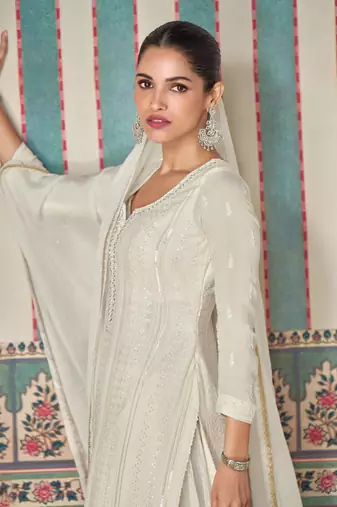 White embroidered chinnon silk straight palazzo- free size stitched(Size upto 42")