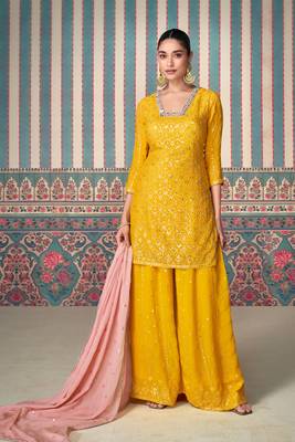 Mustard embroidered chinnon silk free size stitched straight palazzo(Size Up to 42") 1