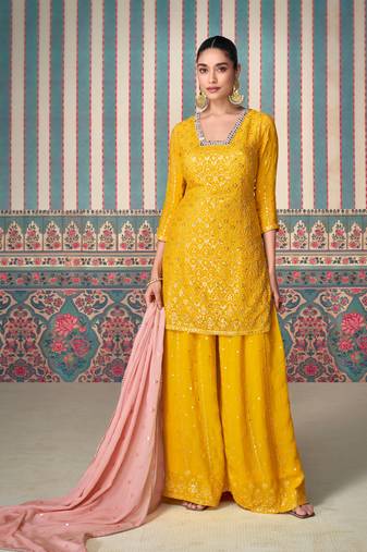 Mustard embroidered chinnon silk free size stitched straight palazzo