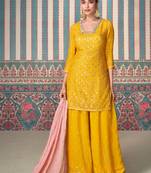 Mustard embroidered chinnon silk free size stitched straight palazzo(Size Up to 42")