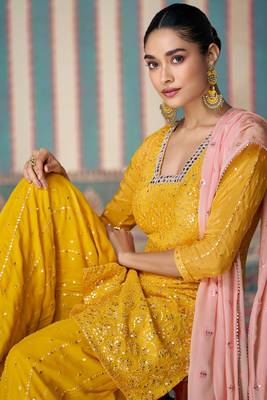 Mustard embroidered chinnon silk free size stitched straight palazzo(Size Up to 42") 2