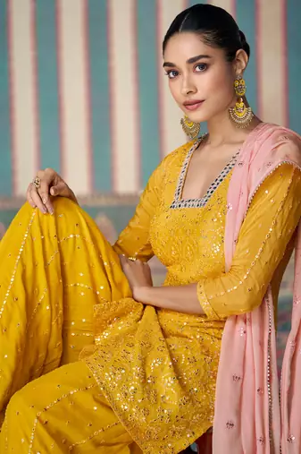 Mustard embroidered chinnon silk free size stitched straight palazzo(Size Up to 42")
