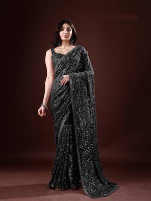 Black color dual sequins georgette fabric bollywood style saree with sequins blouse fabric 1