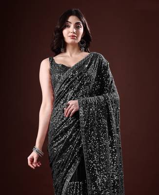 Black color dual sequins georgette fabric bollywood style saree with sequins blouse fabric 2