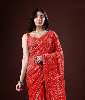 Red color dual sequins georgette fabric dipika padukone saree with sequins blouse fabric 1