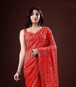 Red color dual sequins georgette fabric dipika padukone saree with sequins blouse fabric