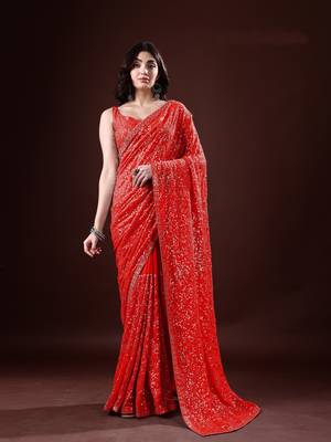 Red color dual sequins georgette fabric dipika padukone saree with sequins blouse fabric 2
