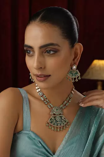 Mint polki pendant necklace set