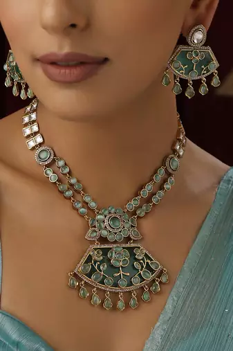 Mint polki pendant necklace set