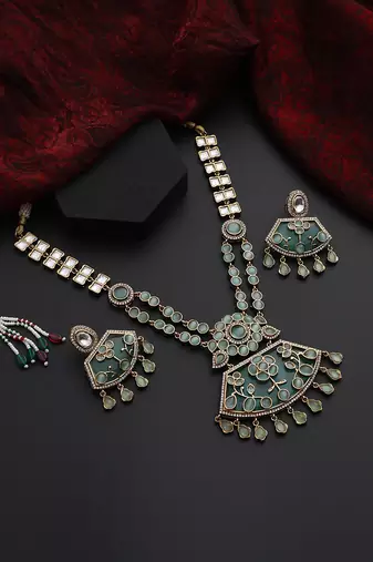 Mint polki pendant necklace set