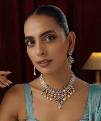 Cyan polki layered necklace set 1