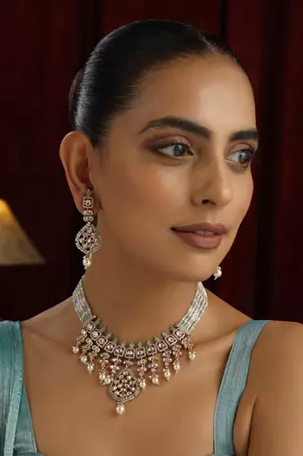 Cyan polki layered necklace set