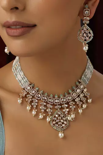 Cyan polki layered necklace set