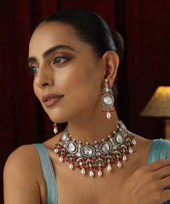 Red polki choker necklace set 2