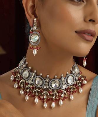Red polki choker necklace set 4