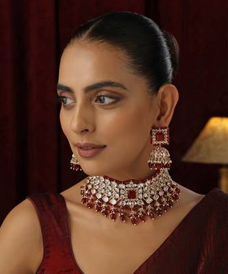 Red polki choker necklace set 1