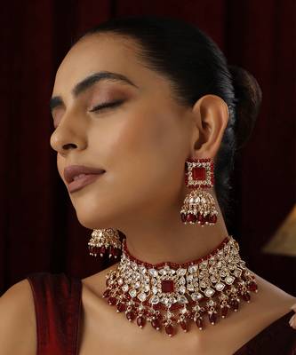 Red polki choker necklace set 2