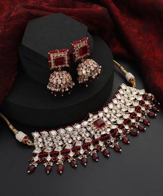 Red polki choker necklace set 3