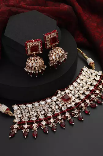 Red polki choker necklace set