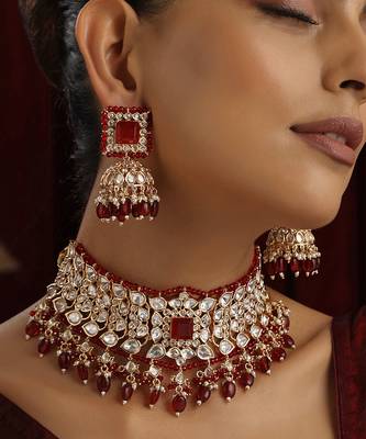 Red polki choker necklace set 4