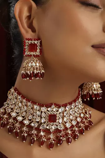 Red polki choker necklace set