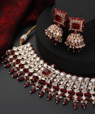 Red polki choker necklace set 5
