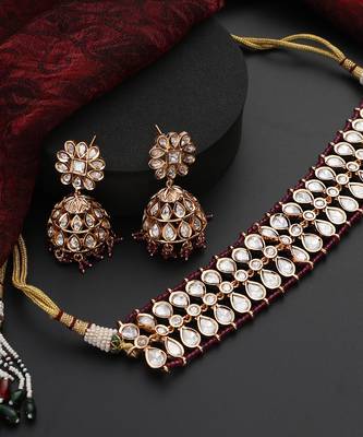 Red polki choker necklace set 3