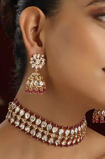 Red polki choker necklace set