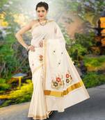 Cream embroidery cotton kasavu saree with running blouse