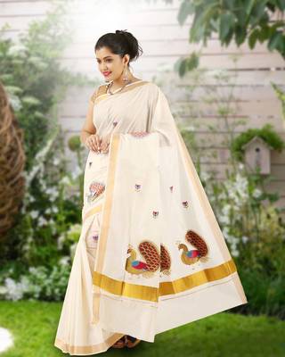 Cream embroidery cotton kasavu saree with running blouse 1