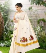 Cream embroidery cotton kasavu saree with running blouse