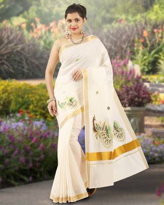Cream embroidery cotton kasavu saree with running blouse 1
