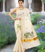 Cream embroidery cotton kasavu saree with running blouse