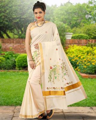 Cream embroidery cotton kasavu saree with running blouse 1