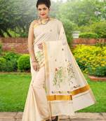 Cream embroidery cotton kasavu saree with running blouse